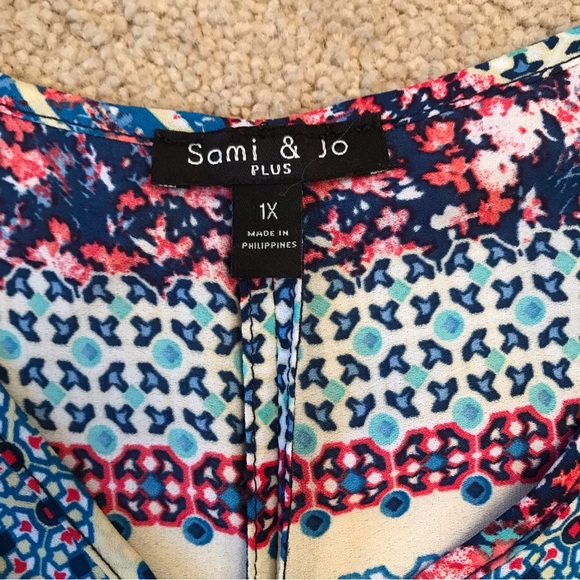 Sami Jo Printed Semi Sheer Summer Blouse Plus Size 1X Blue Pink High Low Hemline - Picture 4 of 10